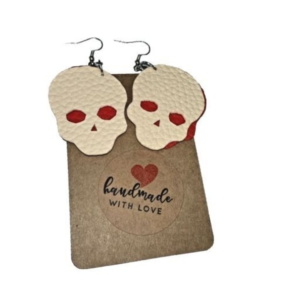 Skull Earrings Handmade Faux Leather Halloween Costume‎ Cosplay Jewelry - Picture 6 of 9